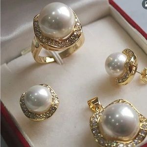 Set of Faux Pearl Ring, Necklace, Earrings